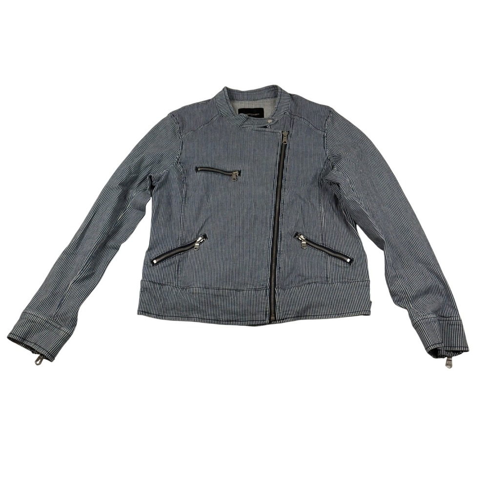 Banana Republic‎ Hickory Stripe Denim Moto Jacket Blue White Asymmetric Zip L